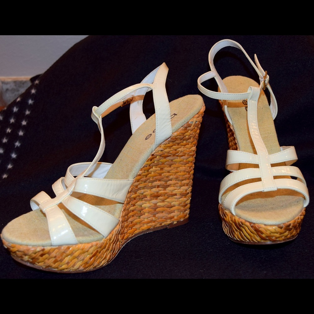 Bebe White Patent T-Bar Wicker Wedge Platforms